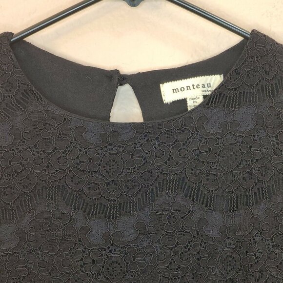Monteau Womens Blouse Top Medium Black Floral Lace Crochet Short Sleeve Casual - Picture 8 of 12
